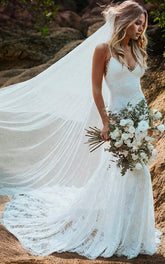 Spaghetti V neck Mermaid Vintage Lace Flowers Sexy Backless Wedding Dress with Train