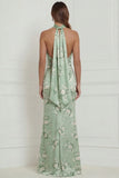 Halter Sage Green Floral Sheath Satin Long Bridesmaid Dress
