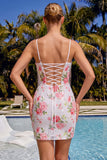 Sparkly White Floral Bodycon Short Homecoming Dress with Lace up Back