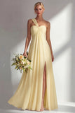 Lemon Sorbet A Line Chiffon Convertible Long Bridesmaid Dress with Slit