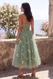 Dusty Sage A Line Sweetheart Embroidered Floral Midi Dress