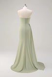 Sage Mermaid Strapless Ruched Side Overskirt Bridesmaid Dress with Slit