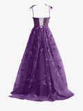 Purple A line Butterfly Lace Lilac Corset Prom Dress with Slit