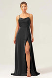 Dark Navy A Line Cowl Neck Long Satin Bridesmaid Dress with Slit