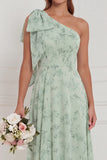 One Shoulder Dusty Sage Floral A Line Long Bridesmaid Dress