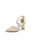 White Cross Strap Pump with Delicate Flower Embellishments
