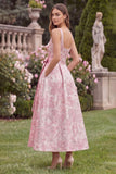 Pink A Line Floral Jacquard Bow Midi Wedding Guest Dress
