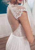 Casual A line Backyard Tulle Long Wedding Dresses with Cap Sleeves