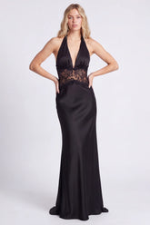 Halter Black Mermaid Long Formal Dress with Lace