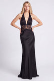 Halter Black Mermaid Long Formal Dress with Lace