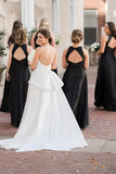 Simple A Line Round Neck Black Satin Long Bridesmaid Dresses