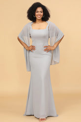 Grey Mermaid Square Neck Long Chiffon Bridesmaid Dress with Cape