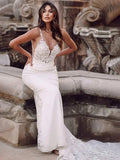 Mermaid V Neck Satin Wedding Dresses with Lace Appliques