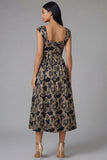 Black Printed A Line Midi Wedding Guest Dress