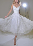 Shiny A Line V Neck Sleeveless Little White Sequined Wedding Dresses