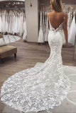 Mermaid Spaghetti Straps V neck Lace Wedding Dresses