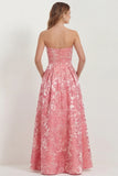 Hot Pink Strapless A Line Jacquard Long Bridesmaid Dress with Pockets