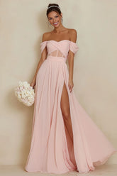 Blush Pink Corset A Line Off the Shoulder Long Bridesmaid Dress with Slit