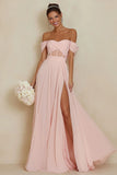 Blush Pink Corset A Line Off the Shoulder Long Bridesmaid Dress with Slit