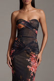 Strapless Floral Ruched Mermaid Black Formal Dress