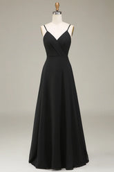 Black A Line Spaghetti Straps Chiffon Long Bridesmaid Dress
