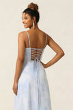 A Line Blue Flower Spaghetti Straps Printed Long Bridesmaid Dress with Slit