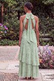 Sage Halter Keyhole Asymmetrical Floral Wedding Guest Dress