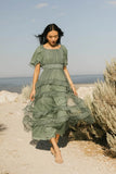 Eugena Ruffled Maxi Dress in Teal