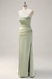 Sage Sheath One Shoulder Ruched Streamer Satin Bridesmaid Dress with Slit