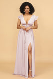 A Line Deep V Neck Long Chiffon Bridesmaid Dress with Slit
