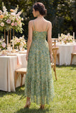 Floral Dusty Green Spaghetti Straps Wedding Guest Dress