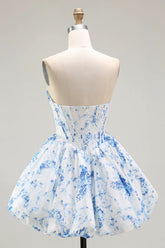 White Blue Flower A Line Strapless Printed Homecoming Dress with Beading