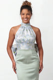 Green Printed Mermaid Halter Satin Bridesmaid Dress with Bow