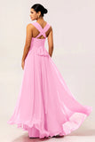 Blush Pink A Line Ruched Backless Convertible Chiffon Long Bridesmaid Dress with Slit