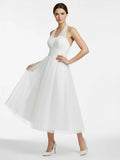 Halter A Line Tea Length Tulle Wedding Dress With Ruching