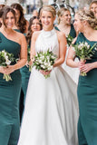 White Halter A line Satin Wedding Dress with Buttons