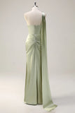 Sage Sheath One Shoulder Ruched Streamer Satin Bridesmaid Dress with Slit