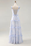 Blue Flower A Line Printed Long Bridesmaid Dress with Lace Up Back
