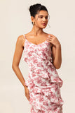 Blush Sheath Ruffle Chiffon Print Floral Long Bridesmaid Dress with Slit