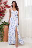 Blue Floral Print Sheath Column Spaghetti Straps Long Bridesmaid Dress With Slit