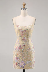 Apricot Spaghetti Straps Bodycon Sequins Homecoming Dress