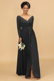 A Line V Neck Long Sleeves Chiffon Bridesmaid Dress with Slit
