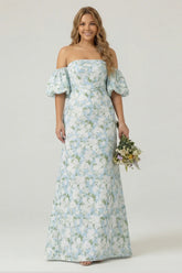 Blue White Flower Mermaid Strapless Satin Plus Size Bridesmaid Dress with Removable Sleeves