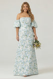Blue White Flower Mermaid Strapless Satin Plus Size Bridesmaid Dress with Removable Sleeves