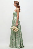 Green Flower A Line Strapless Long Bridesmaid Dress