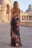 One Shoulder Cut Out Mermaid Floral Black Formal Dress