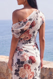 One Shoulder Ivory Floral Sheath Wedding Guest Dress with Slit