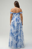 Off the Shoulder White Blue Flower A Line Ruched Corset Plus Size Bridesmaid Dress with Slit