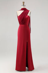 One Shoulder Draped Long Bridesmaid Dress with Side Slit
