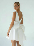 A Line White Satin V Neck Short Wedding Dress with Bow